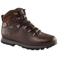 A brown hiking boot is positioned upright showcasing rugged laces and metal eyelets designed for outdoor activities suitable for challenging terrains amidst a neutral background.