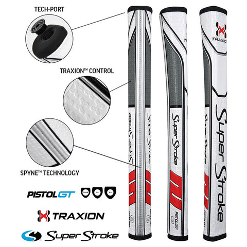 Three golf club grips are displayed prominently. Their features include a tech port and various grip technologies. The context includes branding elements and logos at the bottom for identification.