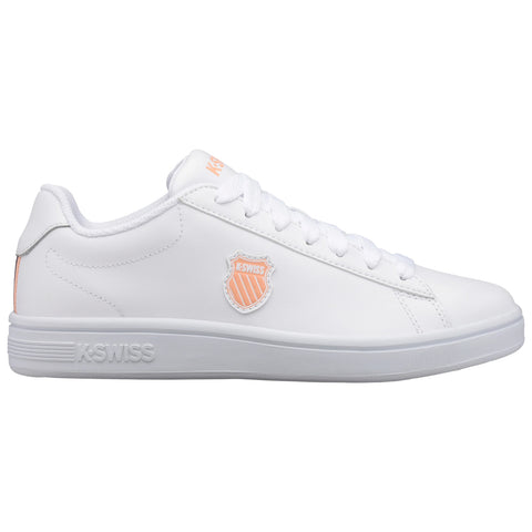 White sneaker with a smooth surface and K-Swiss logo on the side features laces for secure fastening positioned against a plain background suggesting a minimalist style.