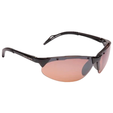 Sunglasses with a sleek black frame and tinted lenses lie on a plain background showcasing a sporty design suitable for outdoor activities or casual wear.