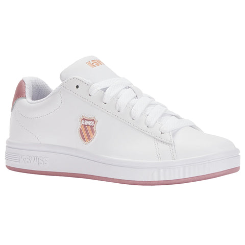 A white sneaker with a smooth leather finish is displayed featuring a rose-gold logo on the side and a rose-gold accent on the heel with white laces threaded through the eyelets.