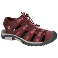 A burgundy sandal is positioned upright showcasing a mesh upper with pink accents and a secure lace mechanism the shoe's rubber sole suggests suitability for outdoor activities.