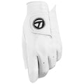 A white golf glove is displayed with a secure closure featuring a circular logo on the wrist area The glove is constructed with a flexible material designed for golfers' grip and comfort