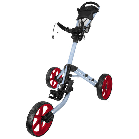 A golf pushcart features a telescoping handle and three wheels with red spokes. It is designed for transporting golf bags on various terrains, showcasing a lightweight, sturdy frame.