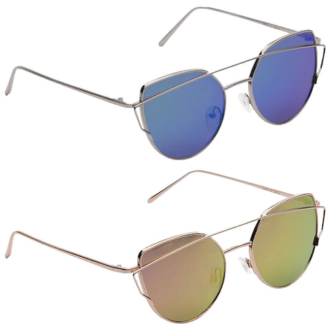 Eyelevel Ladies Erin Cat Eye Sunglasses Two pairs of sunglasses are positioned atop each other. The top pair features blue lenses with a sleek metallic frame. The bottom pair has greenish lenses and a similar frame style.