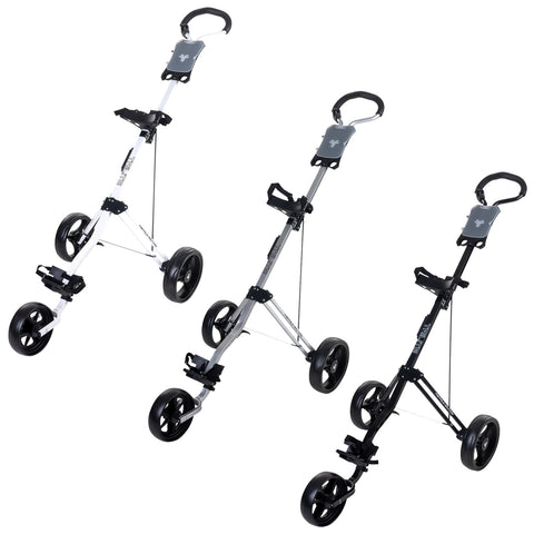 Three golf push carts are positioned upright showing their frames and wheels. Each cart has a handle and a mounting area for holding a golf bag, set against a plain background.