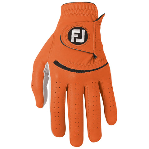 An orange golf glove is displayed with a white leather palm and perforations for ventilation the glove has a black logo patch on the wrist area indicating the brand and is designed for comfort and grip