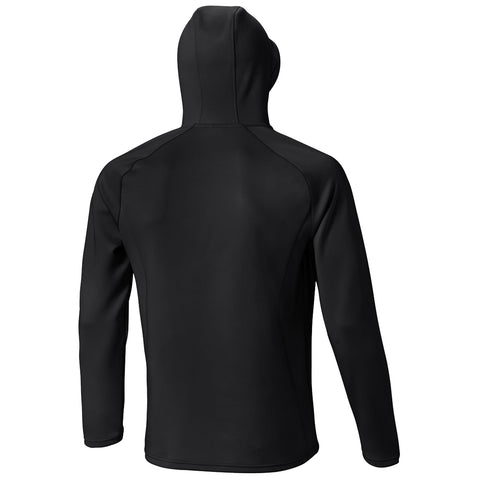 A black hoodie is displayed from the back showcasing its fitted design and hood. The garment is presented against a plain white background, emphasizing its simplicity and style.