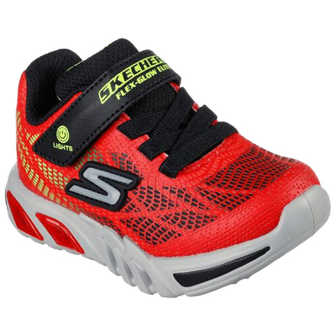 A red athletic shoe with a textured upper features black laces and a strap. It is designed for active use, highlighted by a light-up component, suitable for kids.