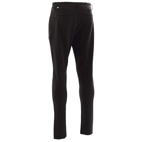 Black slim-fit pants stand upright showing a smooth texture with a waistband and back pockets set against a neutral background emphasizing their modern design.