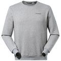 A gray sweatshirt with long sleeves is displayed hanging freely it features a small logo on the chest area suggesting a casual or athletic wear context