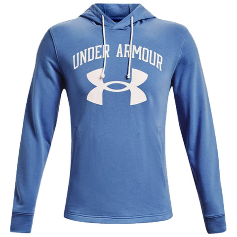 A blue hoodie is displayed prominently featuring the logo of Under Armour in large white letters across the chest and an oversized white emblem underneath the text.