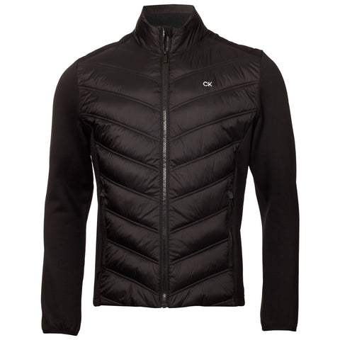 A black zippered jacket features a quilted front and long sleeves. The upper section displays a chevron pattern while the lower part is made of a softer fabric. The design includes a high collar.