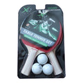 Two table tennis paddles are packaged together with three white balls in a blister pack featuring graphics and text highlighting the set's contents and brand.