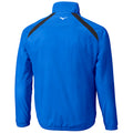 A bright blue athletic jacket is displayed facing away with black accents on the shoulders showcasing its lightweight design suitable for outdoor activities in various weather conditions.