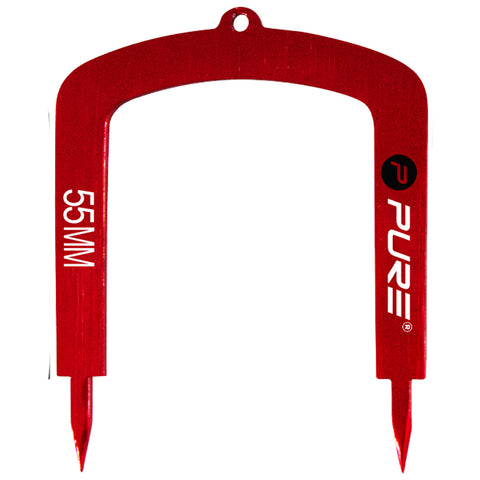 A red tool with a U-shaped design and two pointed ends is displayed. The tool is labeled “55MM” and “PURE,” indicating its purpose for measurement or alignment in a specific context.