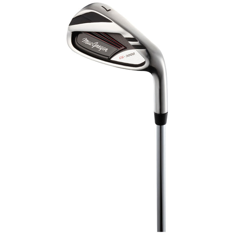 A golf club with a sleek design is positioned upright showcasing its shiny metallic head and slender shaft indicating it is ready for use in a game on a golf course.