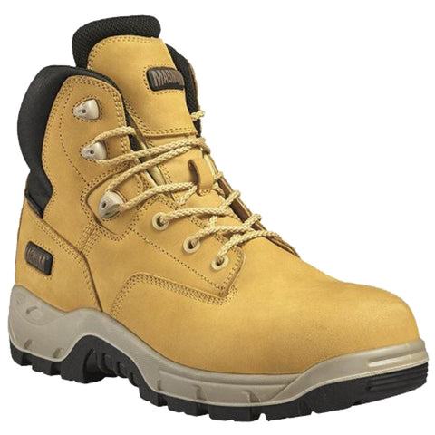 A rugged yellow work boot is positioned upright showcasing its padded collar and laces while emphasizing its durable sole designed for traction on rough surfaces.