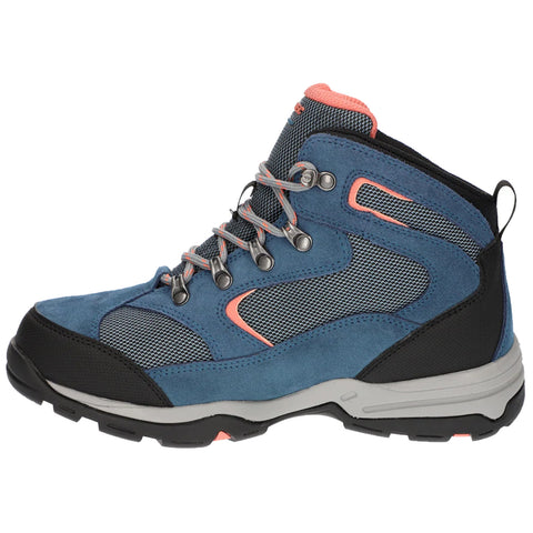 A hiking boot features a blue suede upper with mesh panels and orange accents. The boot is designed for outdoor activity, showcasing durability and support for rough terrains.