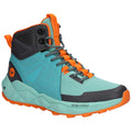 A high-top athletic shoe is prominently displayed showcasing a turquoise upper with orange accents laces and detailing is designed for outdoor activities featuring a rugged sole for traction.