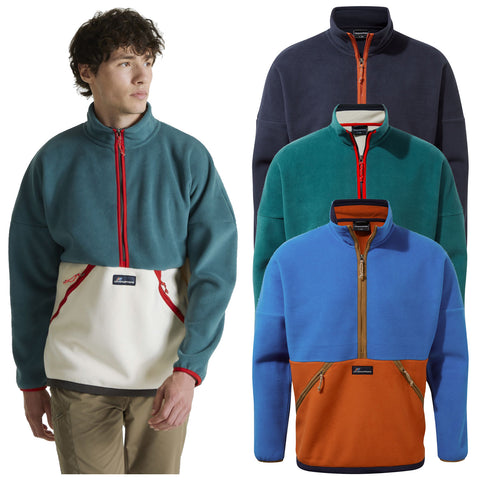 A young man stands wearing a colorful fleece pullover with a half-zip collar showcasing multiple color patterns and styles while surrounded by three additional fleece designs displayed above him. Craghoppers Mens Whitlaw Half Zip Fleece