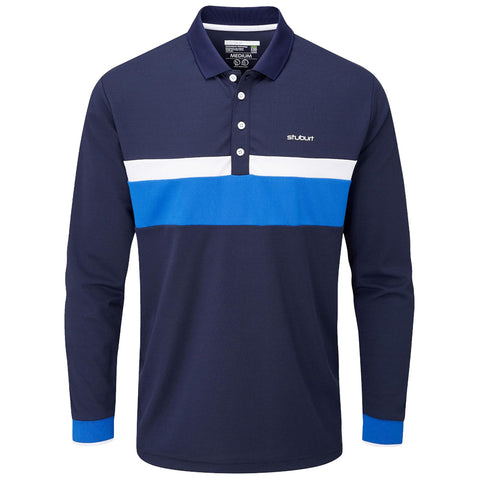 A navy long-sleeved polo shirt features a horizontal stripe pattern in white and blue across the chest with a collar and button closure designed for casual wear or sport activities.