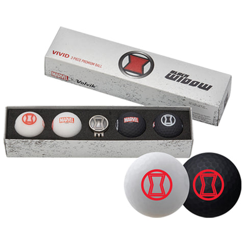 A box contains three golf balls with distinct designs featuring the Marvel logo and Black Widow theme alongside a silver ball marker making up a premium golf accessory set