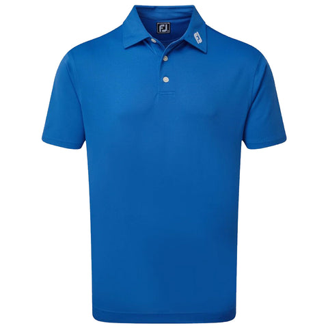 A blue polo shirt is displayed prominently with a three-button placket and a collar showcasing the FJ logo on the collar. It is set against a plain white background.