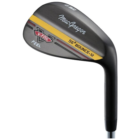 A MacGregor golf wedge designed for short game play is displayed at an angle highlighting its V-FOIL design and features including 56 degrees of loft and 12 degrees of bounce.