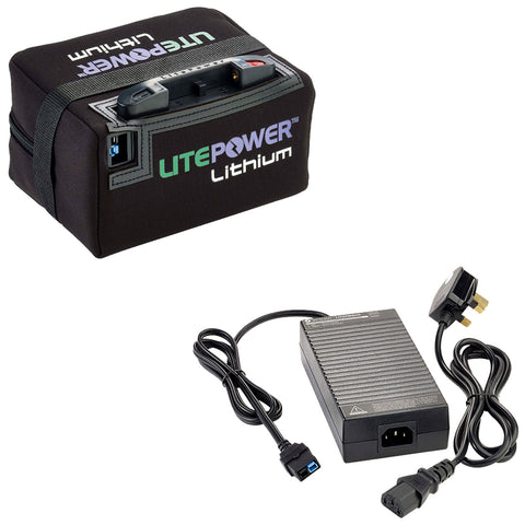 A compact lithium battery pack with a soft case features charging ports on top while a separate black power adapter connects with multiple wires for functionality in a workshop or garage setting.