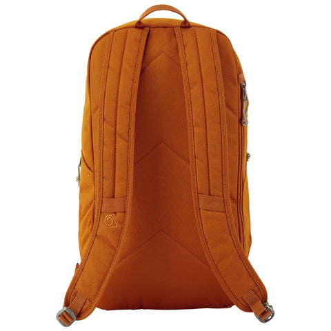 A large orange backpack rests upright showcasing padded shoulder straps and a top handle with a zipper closure along one side in a simple, uncluttered background.