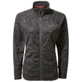 A dark gray fleece jacket is displayed with a front zipper and a high collar. It has a textured pattern and features contrasting red accents on the zippers.