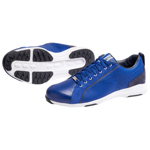 Blue athletic shoes with a sleek design are positioned with one facing forward and the other angled. The shoes feature a combination of leather and mesh materials with a white rubber sole.