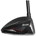 A golf club driver with a sleek black design features a large head and a noticeable logo. It is angled upward, showcasing its aerodynamic shape for improved performance on the course.