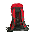 A red backpack is positioned upright showcasing its padded back panel and adjustable straps indicating construction for comfort and support likely for hiking or outdoor activities.