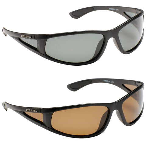 Two pairs of sunglasses are displayed with one pair having gray lenses and the other with brown lenses both featuring a sporty design and black frames arranged vertically against a plain background