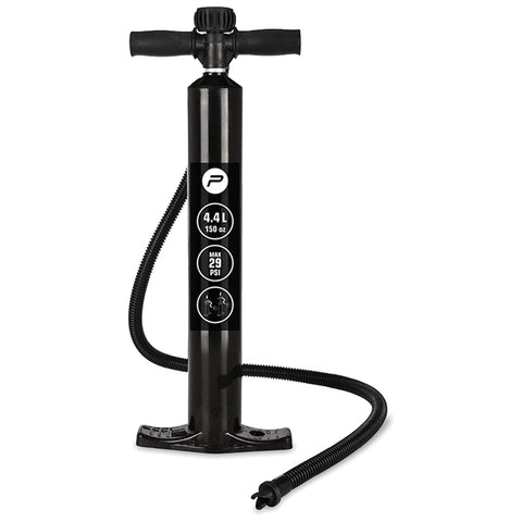 A manual air pump stands upright with a black cylindrical body and a handle on top for gripping. A flexible hose extends from the pump, ready for inflating items.