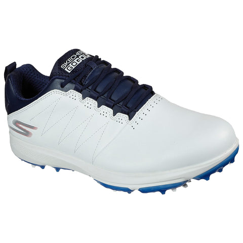 A white and navy golf shoe is displayed featuring a lace-up design and textured sides its context suggests sports use on grass or turf surfaces.