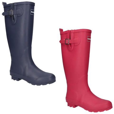 Two pairs of rubber rain boots stand upright side by side one is dark blue and the other is bright red each features a strap and buckle detail at the top