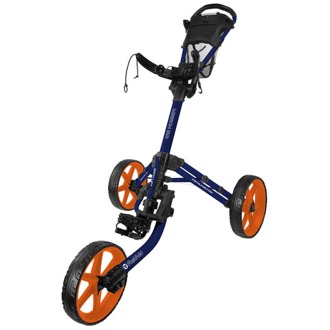 A blue and orange golf push cart stands upright with three large wheels and a handle. It is designed to carry golf bags, providing stability and ease of movement on a course.