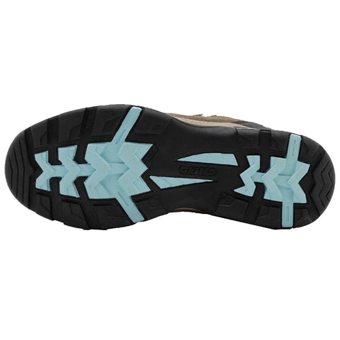 A shoe sole is displayed with distinctive patterns and colors featuring a black base and light blue accents showcasing its tread design suggesting durability and traction suitable for outdoor activities.