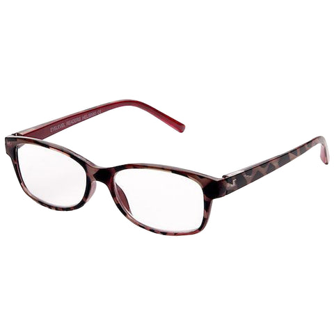 Eyeglasses are positioned at an angle displaying rectangular lenses and a patterned frame with a mix of dark and light colors the context suggests a personal accessory for vision enhancement.