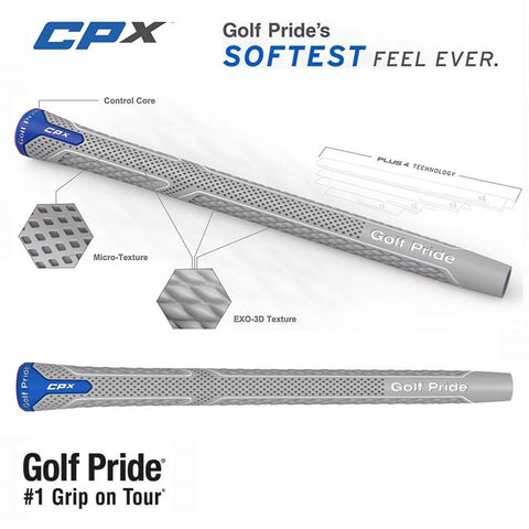 Golf grip labeled CPX displaying various textures and features such as Control Core Micro-Texture and EXO-3D Texture indicating its design for softness and control in golf performance. Text states Golf Pride’s SOFTEST FEEL EVER and Golf Pride #1 Grip on Tour.