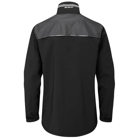 A black long-sleeve shirt with a gray upper back displays a minimalist design featuring a collar and subtle stitching accents suitable for casual or professional wear.