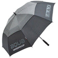 A black and gray waterproof umbrella is open. It provides shelter from rain or sun in outdoor environments. The design includes the text "AQUA" and "WATERPROOF" prominently displayed.