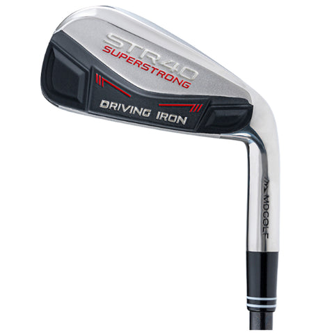 A golf club, specifically a driving iron, is shown positioned diagonally. It features a sleek metallic head with a black and silver finish, prominently displaying the text "STR40 SUPERSTRONG" and "DRIVING IRON."