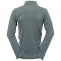 A long-sleeved shirt is displayed from the back with a folded collar the fabric is a muted green color and is positioned against a plain white background.