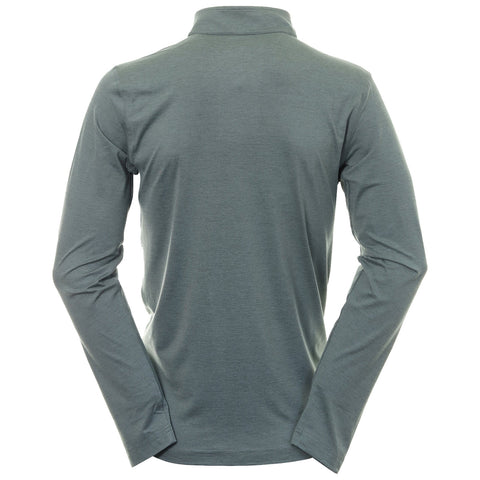 A long-sleeved shirt is displayed from the back with a folded collar the fabric is a muted green color and is positioned against a plain white background.