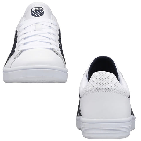 White sneakers with a K-Swiss logo are positioned upright showcasing a smooth surface and fabric details the front view displays laces while the back view highlights a textured area