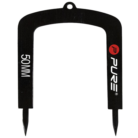 A black measuring tool with a U-shaped design features pointed ends and marked with the text 50MM and the logo PURE, used for measurement in a specific context.